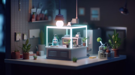 A small display case filled with bottles and plants. AI generative image.の素材