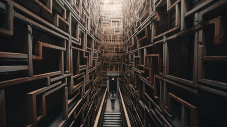 A long narrow room filled with lots of wooden boxes. AI generative image. Surreal picture, bad dream or nightmare telling about problems.の素材