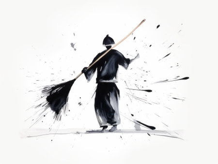 A man in a black outfit holding a broom. AI generative image.の素材