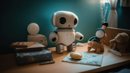 A robot sitting on top of a desk next to a teddy bear. AI generative image.の素材