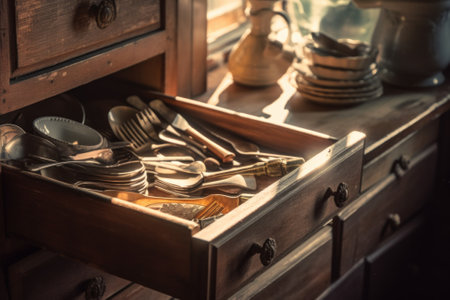 A drawer filled with lots of silverware. AI generative image.の素材