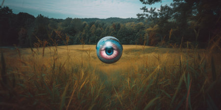 An eyeball in a field of tall grass. AI generative image.の素材