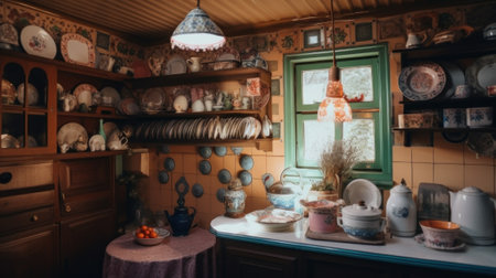 A kitchen filled with lots of plates and bowls. AI generative image.の素材