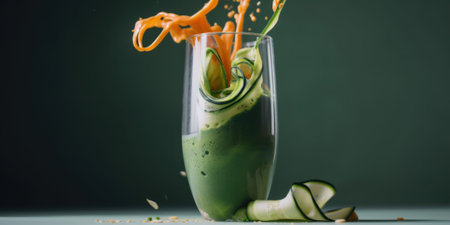 A glass filled with a green smoothie and sliced cucumbers. AI generative image.の素材