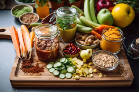 A wooden cutting board topped with lots of food. AI generative image.の素材