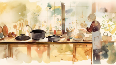 A painting of a woman preparing food in a kitchen. Generative AI image.の素材
