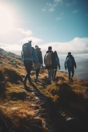 A group of people walking up a hill. Generative AI image.の素材