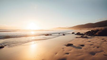 A beach with footprints in the sand at sunset. Generative AI image.の素材