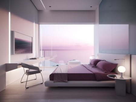 A bedroom with a bed, desk, chair and large window. Generative AI image.の素材