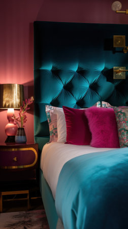 A bed with a blue headboard and pink pillows. Generative AI image.の素材