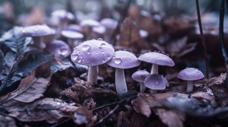 A group of purple mushrooms sitting on top of leaves. Generative AI image.の素材