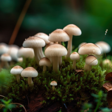 A group of mushrooms sitting on top of a lush green forest. Generative AI image.の素材