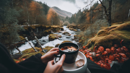 A person holding a cup of coffee in front of a stream. Generative AI image.の素材