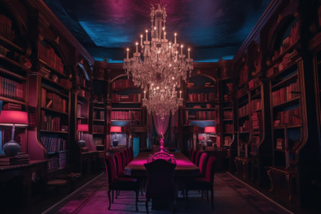 A dining room with a chandelier and a long table. Generative AI image.の素材