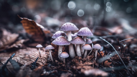 A group of mushrooms sitting on top of a forest floor. Generative AI image.の素材