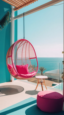 A pink hanging chair in a room with a view of the ocean. Generative AI image.の素材