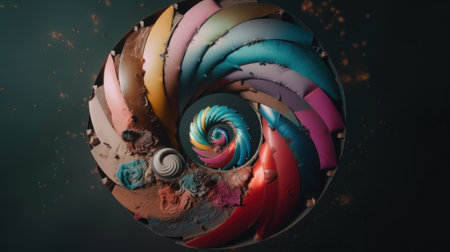A chocolate cake with colorful icing on top of it. Generative AI image.の素材