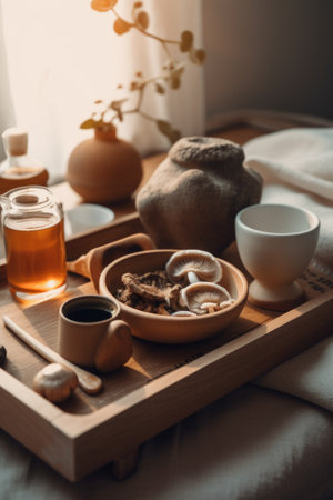 A wooden tray with mushrooms, tea pot and a bowl of tea. Generative AI image.の素材