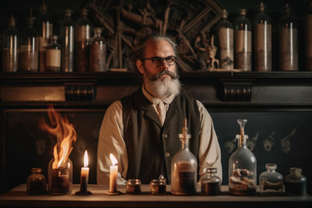A professor in dark academy sitting at a table with a lot of candles. Generative AI image.の素材