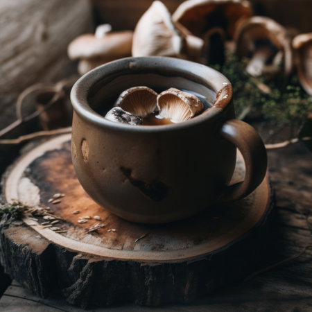 A cup of coffee on a wooden table. Generative AI image.の素材