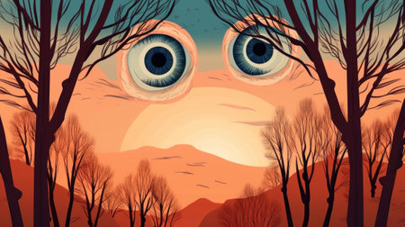 A surreal dreamlike image of eyes in the middle of a field. Generative AI image.の素材