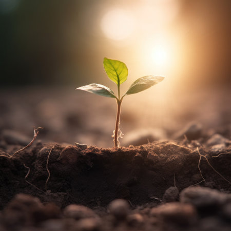 A small plant sprouting out of the ground. Generative AI image.の素材