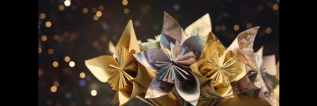 A bunch of folded paper flowers in a vase. Generative AI image.の素材