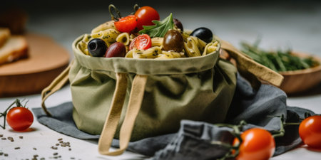 A soft lunch bag of pasta with tomatoes and olives. Generative AI image.の素材