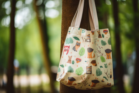A tote bag hanging on a tree in a forest. Generative AI image.の素材