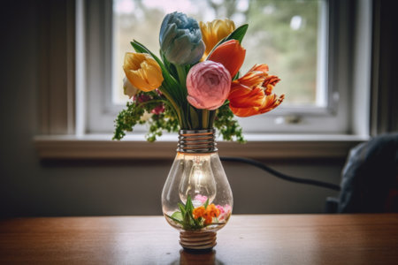 A vase filled with flowers sitting on top of a table. Generative AI image.の素材
