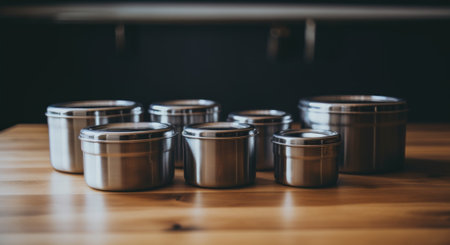 A group of metal containers sitting on top of a wooden table. Generative AI image.の素材