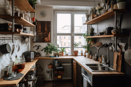 A kitchen filled with lots of wooden shelves. Generative AI image.の素材