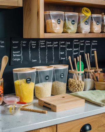 A kitchen counter topped with lots of food. Generative AI image.の素材