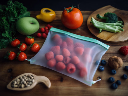 A reusable silicone bag of fruit and vegetables on a table. Generative AI image.の素材
