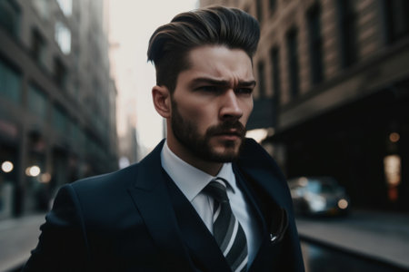 A man in a suit and tie on a city street. Generative AI image.の素材