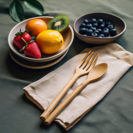 A bowl of strawberries, a bowl of blueberries, and a bowl of strawberries on a table. Generative AI image.の素材