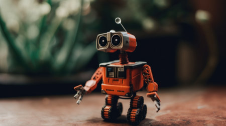 A toy robot sitting on top of a wooden table. Generative AI image.の素材