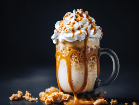 A cup of coffee with whipped cream and caramel. Generative AI image.の素材