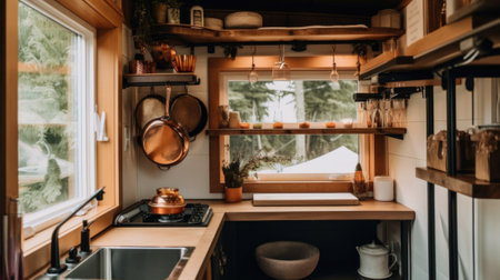 A kitchen with a sink and a window. Generative AI image.の素材