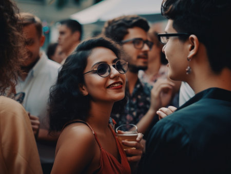 A woman in a red dress talking to a man. Generative AI image.の素材