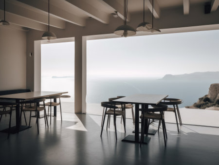 A dining room with a view of the ocean. Generative AI image.の素材