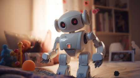 A toy robot sitting on top of a bed. Generative AI image.の素材