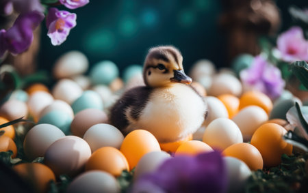 A small duck sitting in a pile of eggs. Generative AI image.の素材