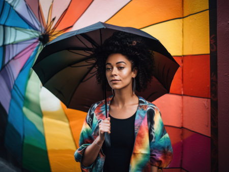 A woman holding an umbrella in front of a colorful wall. Generative AI image.の素材