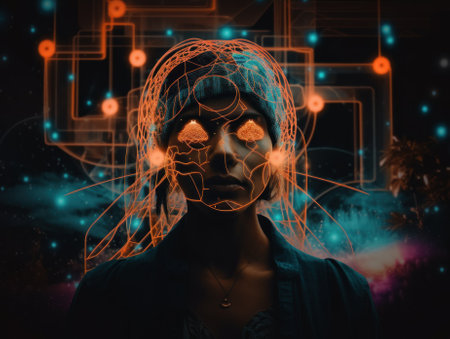 A woman with a glowing head and face. Generative AI image.の素材