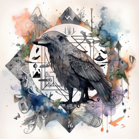 A black bird sitting on top of a tree branch. Generative AI image.の素材