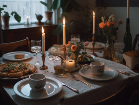 A cozy family dinner, table set with a pizza and candles. Generative AI image.の素材