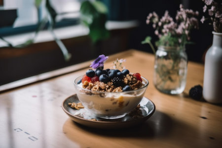 A bowl of yogurt and berries on a table. Generative AI image.の素材
