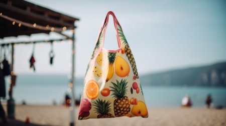 A reusalbe cloth tote bag filled with fruit on a beach. Generative AI image.の素材