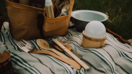 A picnic blanket with utensils and a cup on it. Generative AI image.の素材